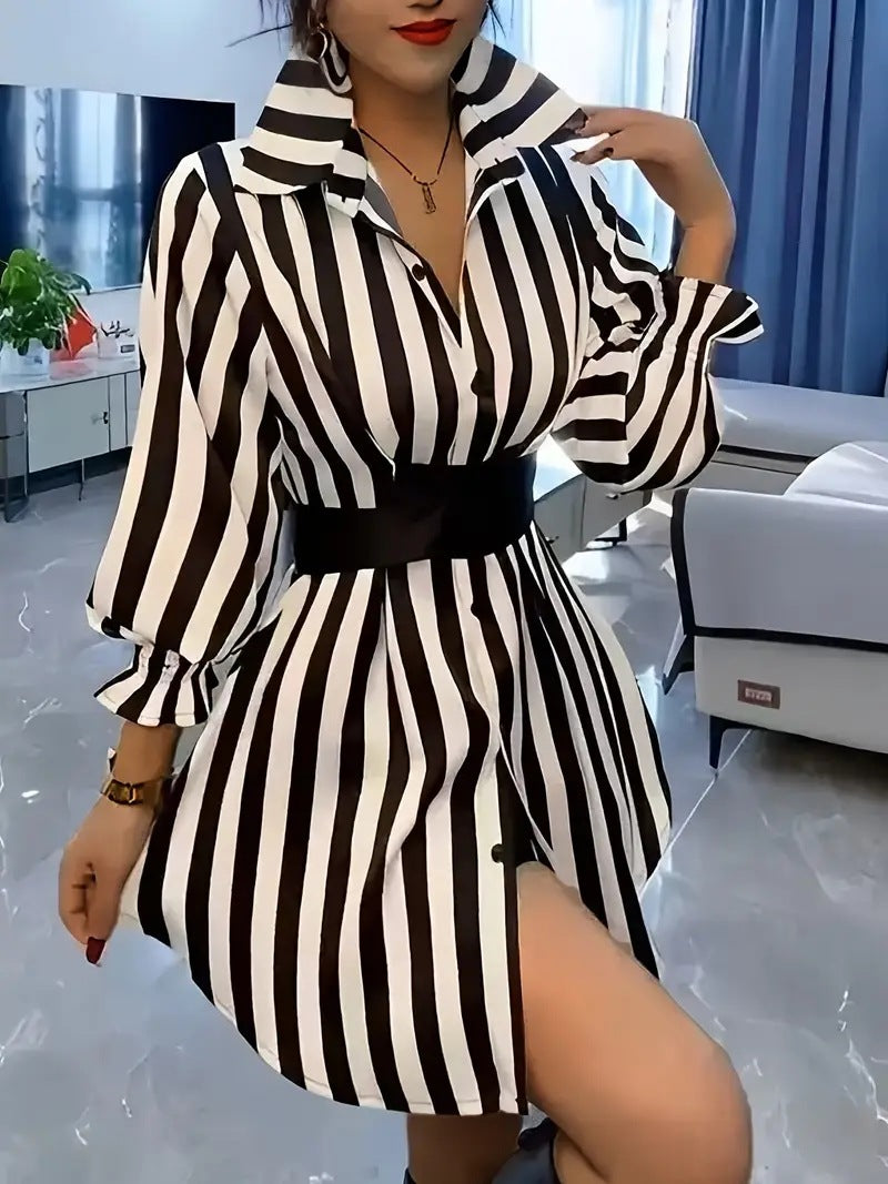 Damen Hemdblusenkleid mit markantem Streifenmuster und weitem Kragen EB