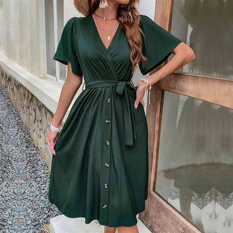 Damen Midi-Kleid mit eleganter Wickeloptik und praktischen Knopfdetails EB