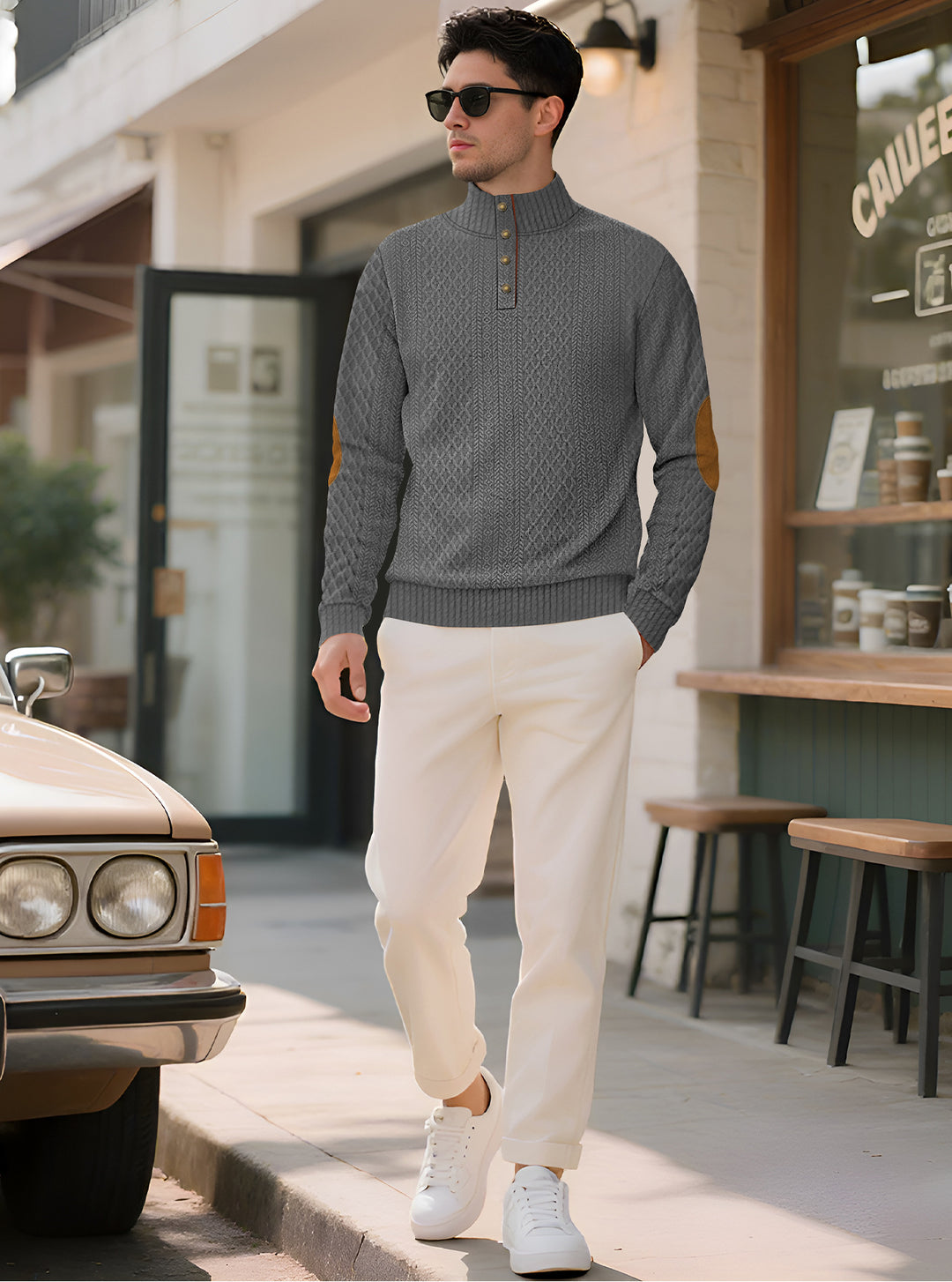 Herren nan edler Knopfsweater im Zopfmuster mit hohem Stehkragen und Wildleder-Ellenbogenpatches EB