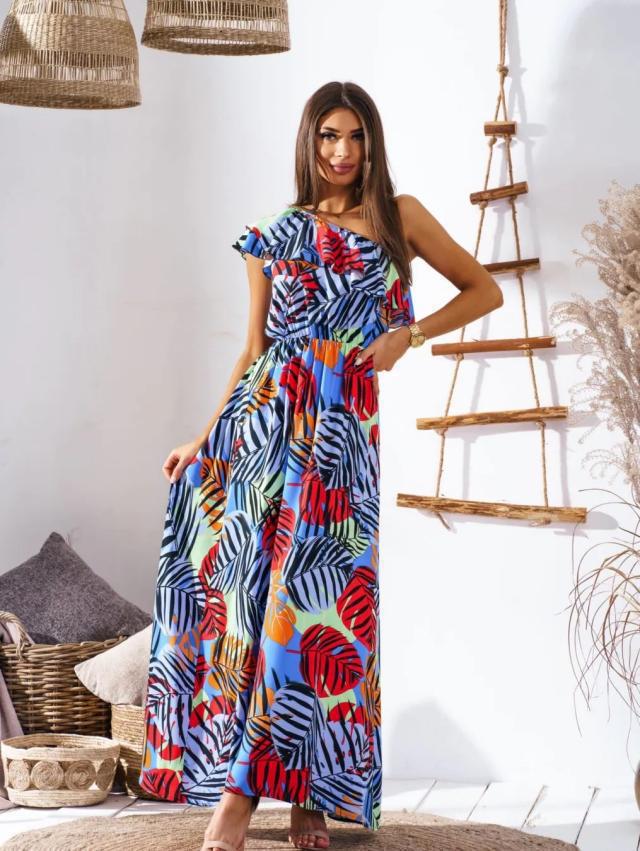 Damen Maxikleid mit asymmetrischem Träger und raffinierter Rüsche EB