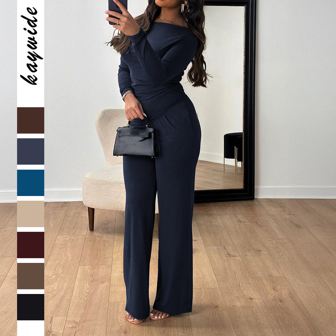 Damen nan zweiteiliges Jersey-Set mit asymmetrischer Wickeloptik, Langarmtop und weiter High‑Waist‑Hose EB