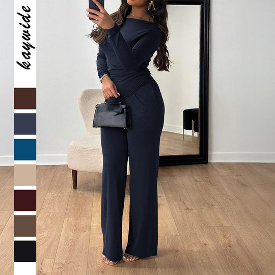Damen nan zweiteiliges Jersey-Set mit asymmetrischer Wickeloptik, Langarmtop und weiter High‑Waist‑Hose EB