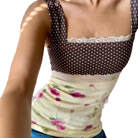 Damen Verspieltes Blütenmuster Top mit Punkten und Raffinierter Schleifenbindung EB