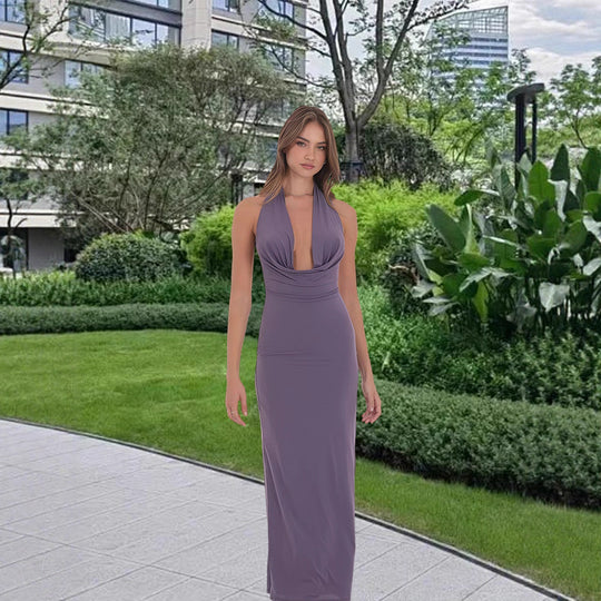 Damen Langarm-Elegant Kleid mit tiefem V-Ausschnitt und fließendem Saum EB