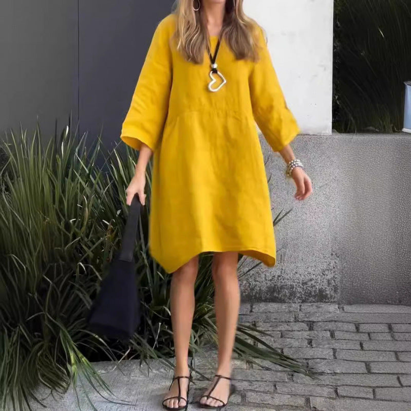 EB | Lässiges einfarbiges Kleid aus Baumwolle mit Taschen