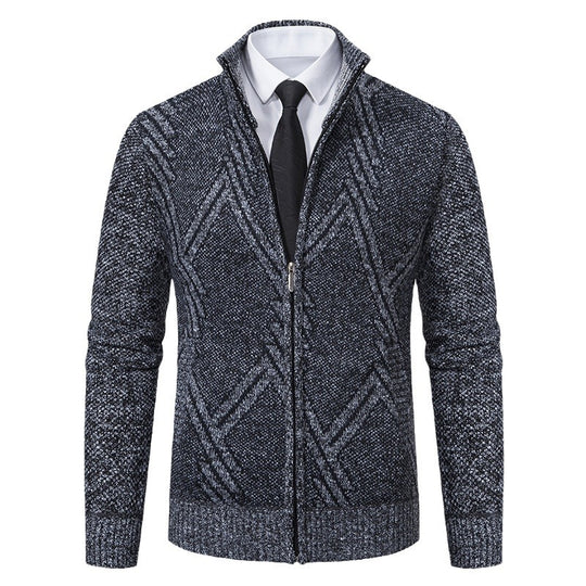 Herren elegante Strickjacke mit strukturiertem Zopfmuster und hochschließendem Kragen EB