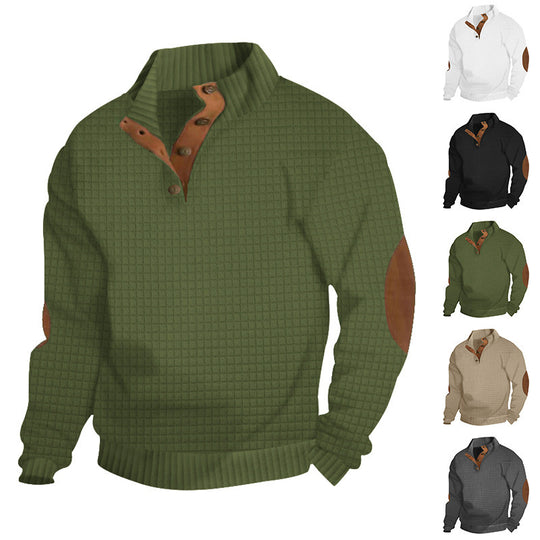 Herren Strukturiertes Waffelstrick-Henleypullover mit Lederbesatz & Ellbogenpatches EB