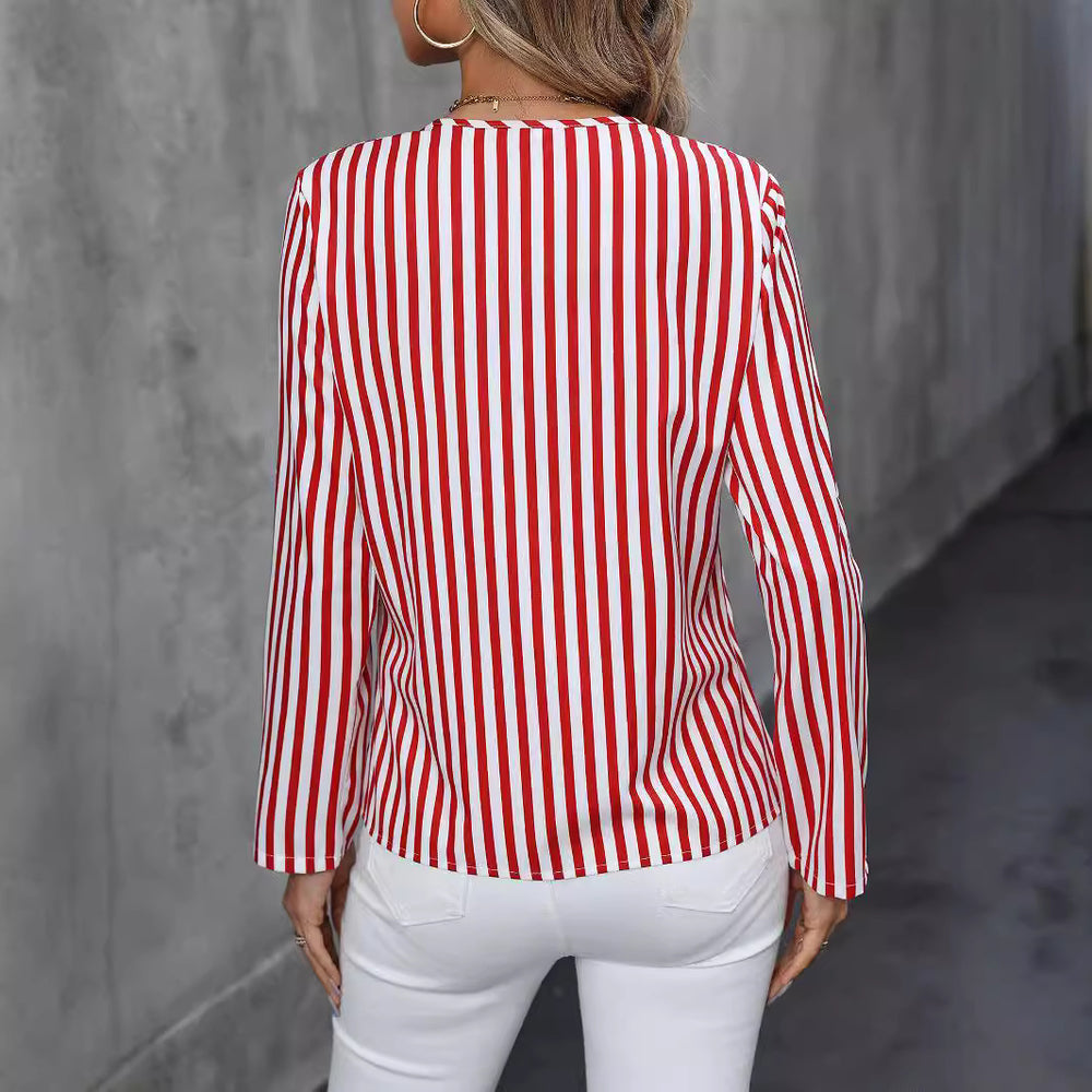 Damen Bluse mit stilvollem Streifenmuster und modernem V-Ausschnitt EB