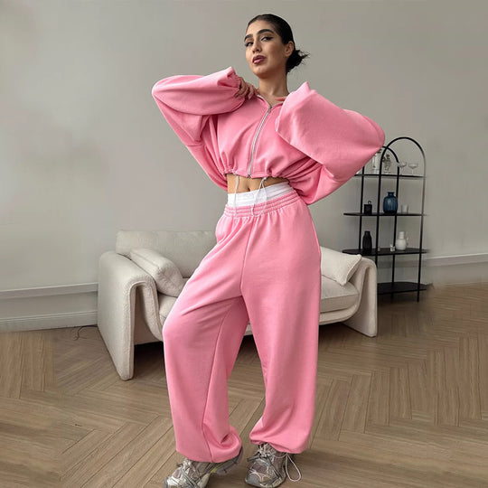 Damen nan cropped Reißverschluss-Hoodie mit Tunnelzugsaum und weitem Sweatpants-Schnitt EB