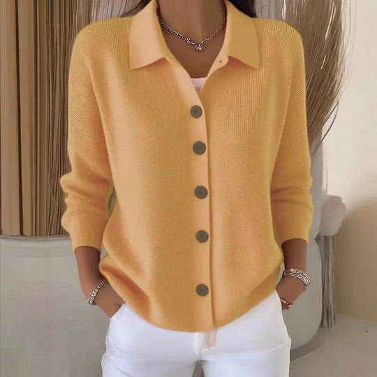 Damen nan Feinstrickjacke mit Hemdkragen und durchgehender Knopfleiste EB