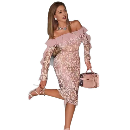 Damen Off-Shoulder Spitzenkleid mit Rüschendetails und figurbetontem Schnitt EB