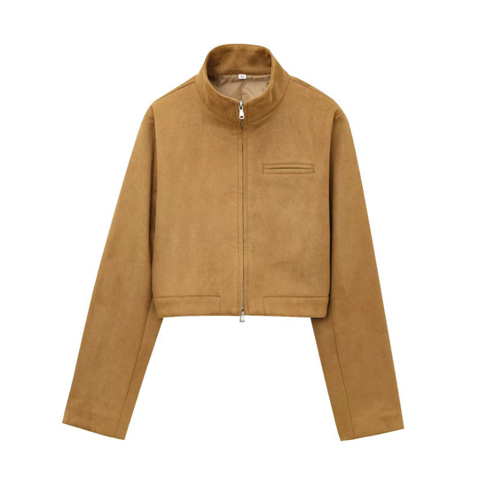 Damen kurze Kunstlederjacke mit elegantem Kragen und praktischen Taschen EB