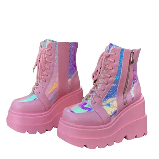 Damen nan Plateau-Bikerstiefel mit holografischen Einsätzen, Schnürung und seitlichem Reißverschluss EB