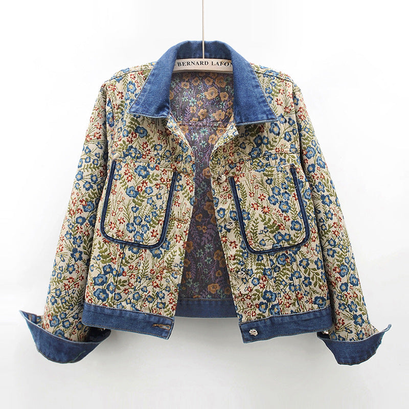Damen Blumenmuster Denimjacke mit aufgesetzten Taschen und Kragen EB