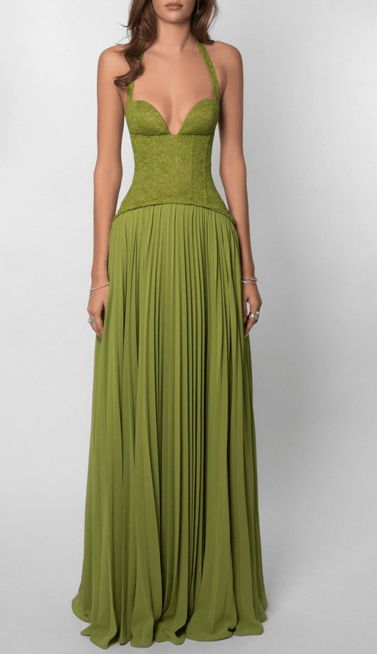 Damen nan elegantes Abendkleid mit Spitzenkorsett und plissiertem Maxirock EB