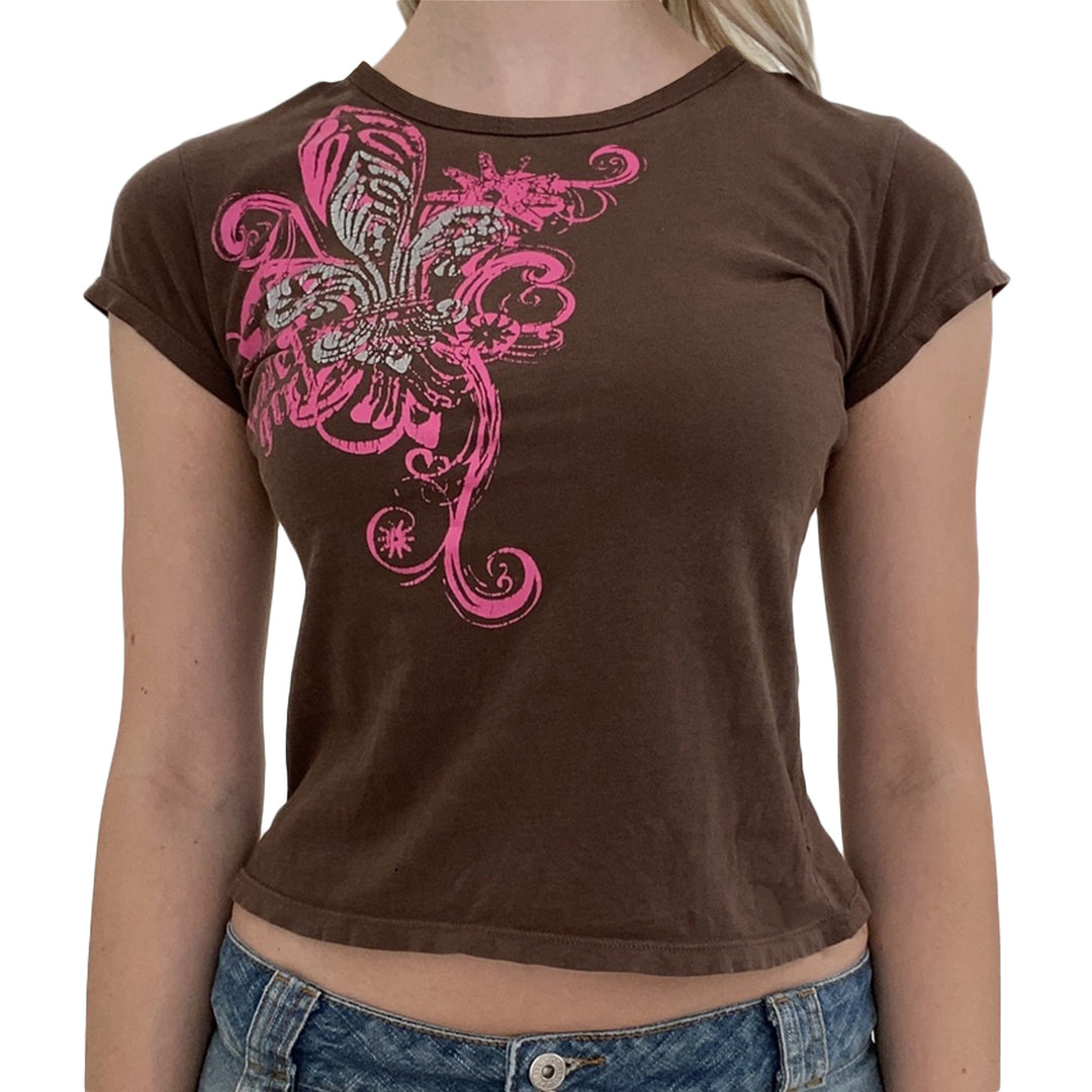 Damen lässiges Grafik-Crop-Top mit Rundhals-Ausschnitt EB