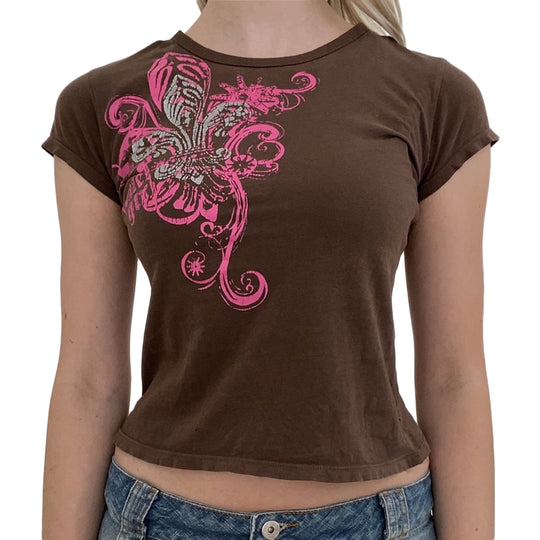 Damen lässiges Grafik-Crop-Top mit Rundhals-Ausschnitt EB
