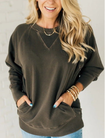 Damen lässiger V-Ausschnitt Sweatshirt mit Raglanärmeln und seitlichen Taschen EB