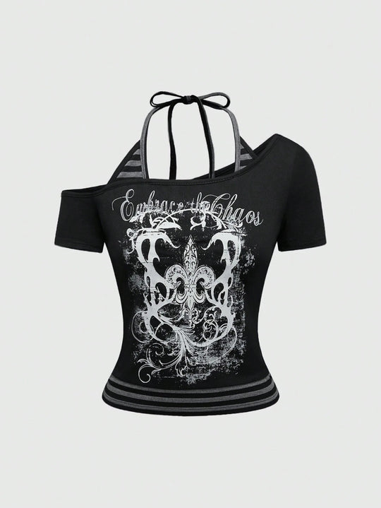 Damen Off-Shoulder Top mit grafischem Design EB