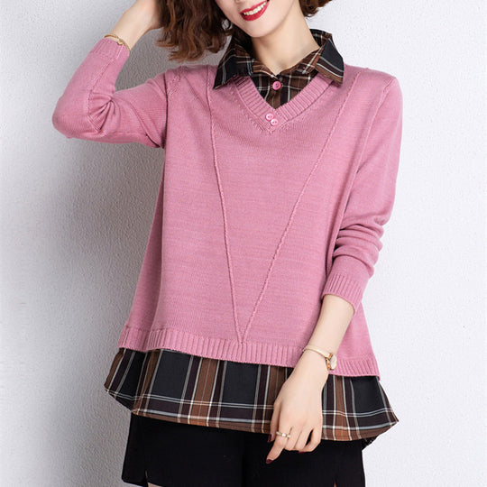 Damen Layered Strickpullover mit V-Ausschnitt und trendy Hemdbluse EB
