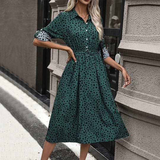 Damen Midi-Kleid mit punktiertem Muster und tailliertem Gürtel EB