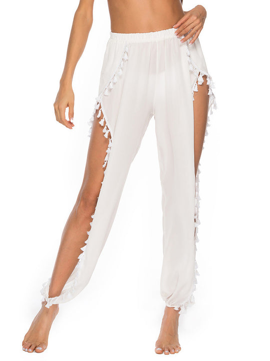 Damen luftige Strandhose mit verspieltem Fransenbesatz EB