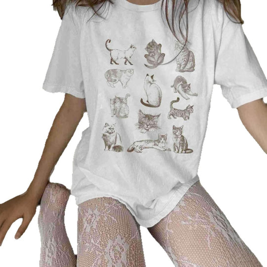 Damen T-Shirt mit künstlerischem Katzenmotiv und lässigem Schnitt EB