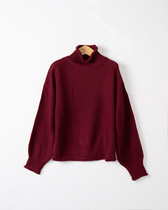 Damen modischer Pullover mit hohem Kragen und strukturierter Textur EB