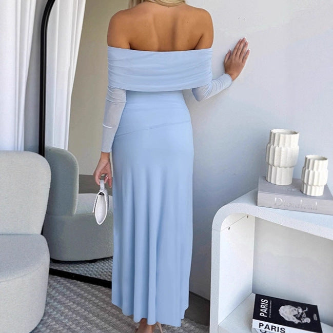 Damen Schickes Maxikleid mit schulterfreiem Design und seitlichem Schlitz EB