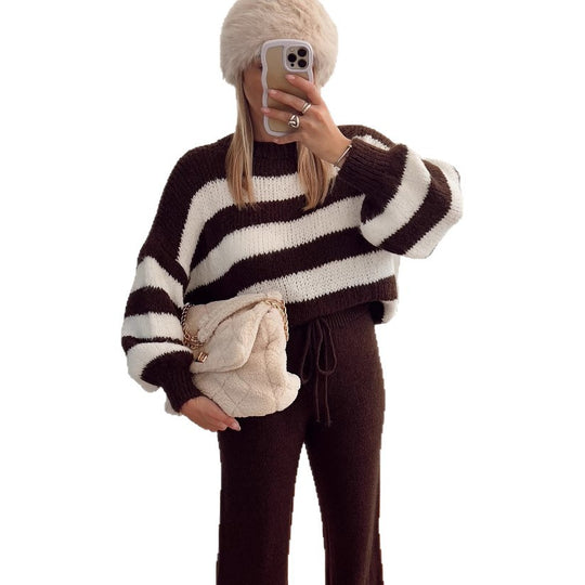 Damen modischer Cropped Pullover mit einzigartigem Streifenmuster und weit geschnittenen Ärmeln EB