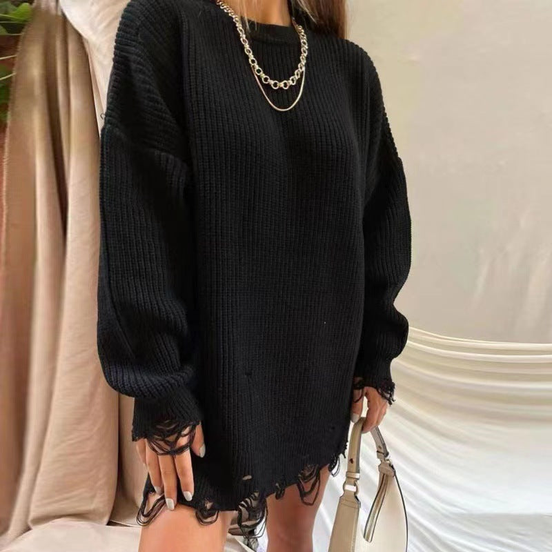 Damen Oversize Grobstrick-Minikleid mit Destroy-Effekt und Rundhalsausschnitt EB