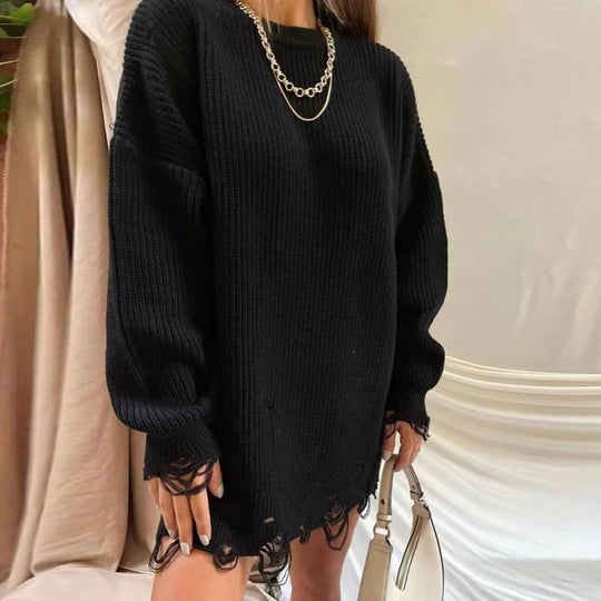 Damen Oversize Grobstrick-Minikleid mit Destroy-Effekt und Rundhalsausschnitt EB