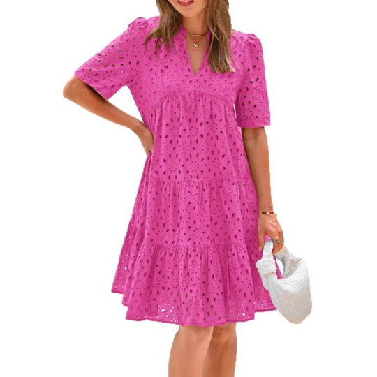 Damen luftiges Sommerkleid mit verspieltem Lochmuster EB