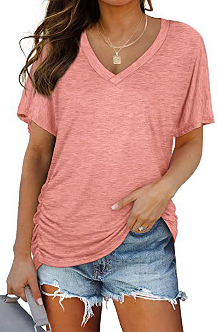 Damen V-Ausschnitt T-Shirt mit dekorativem Raffungseffekt EB