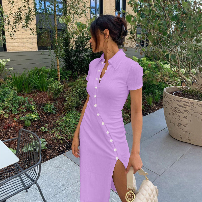 Damen Midi-Kleid mit Knopfdetail und seitlichem Schlitz EB