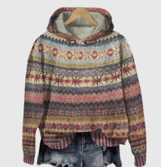 Damen nan oversized Strickkapuzenpullover mit Norwegermuster, gefütterter Kapuze und gerippten Bündchen EB