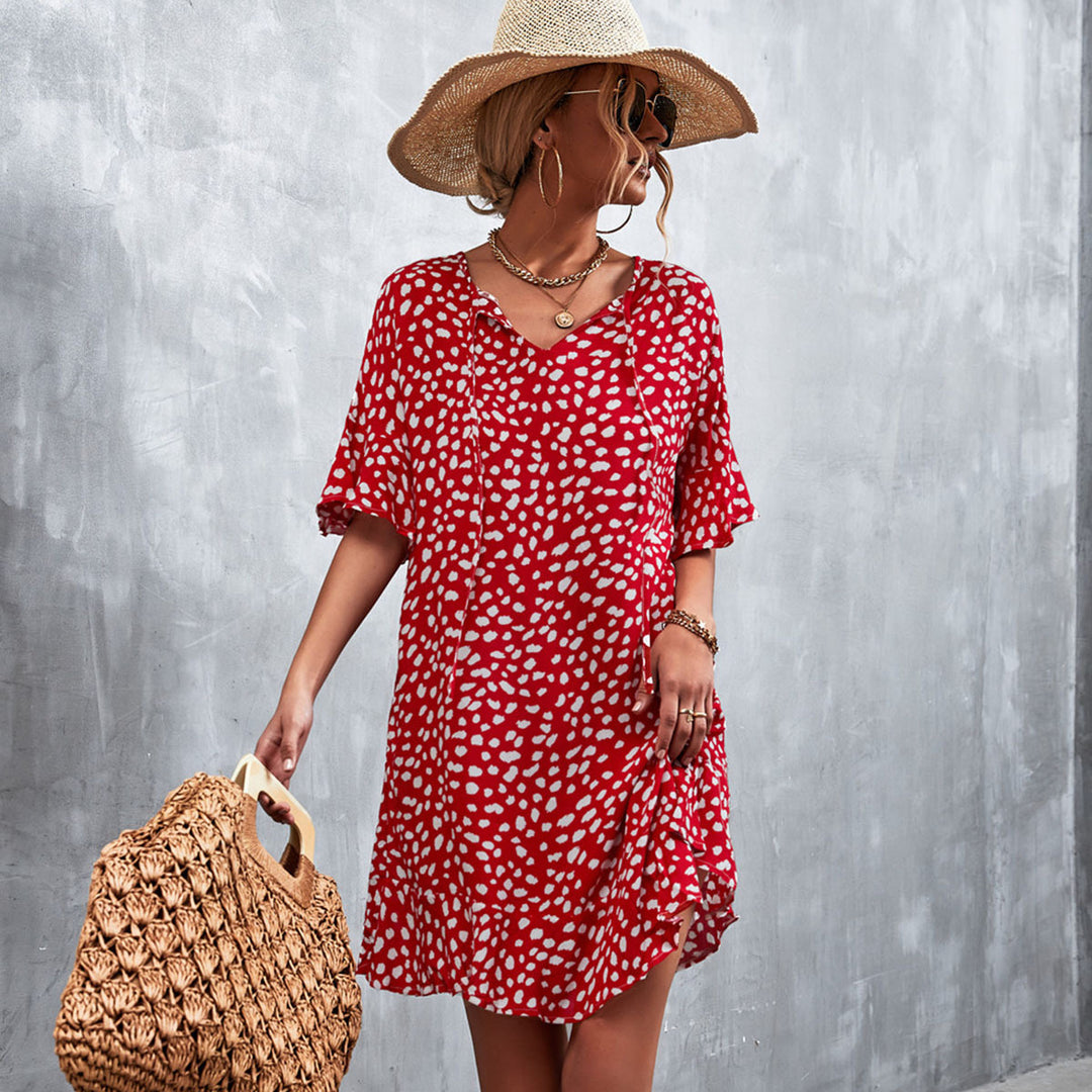 Damen lässiges V-Ausschnitt Sommerkleid mit voluminösen Ärmeln EB
