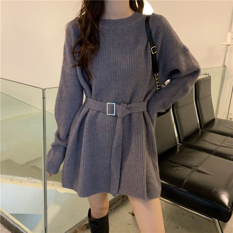 Damen Strickkleid mit Taillengürtel und weitem Schnitt EB