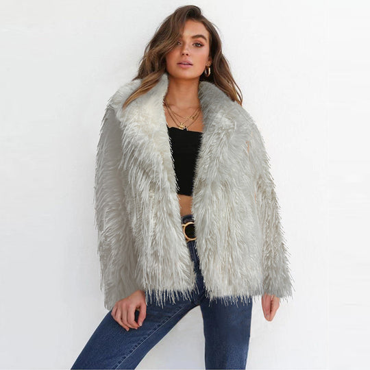 Damen Eleganter Kunstfellblazer mit breitem Kragen EB