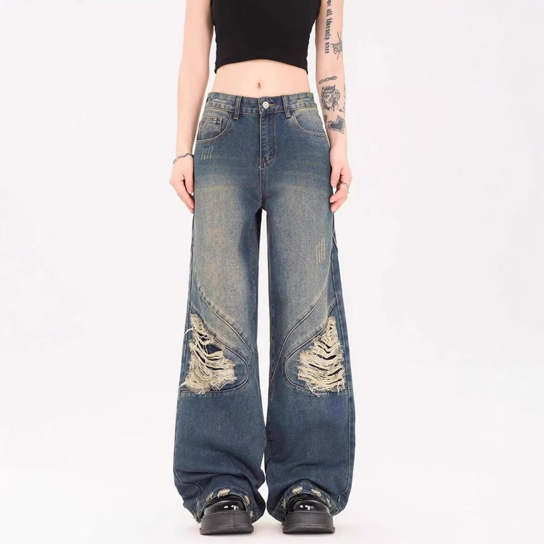 Damen Weite Jeans mit ausgefranstem Design und modischen Rissdetails EB