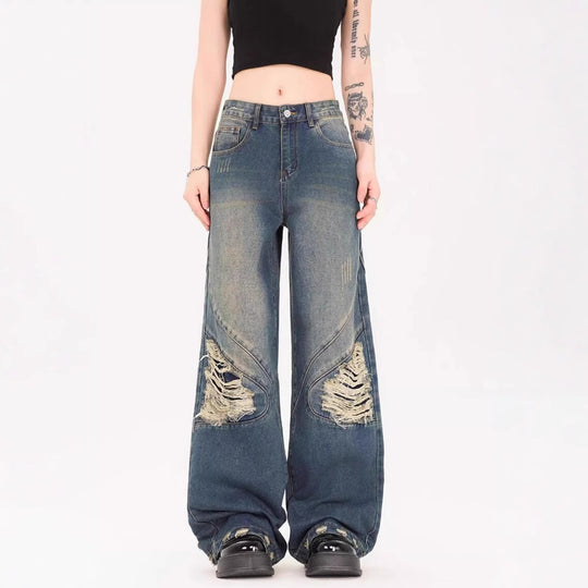Damen Weite Jeans mit ausgefranstem Design und modischen Rissdetails EB