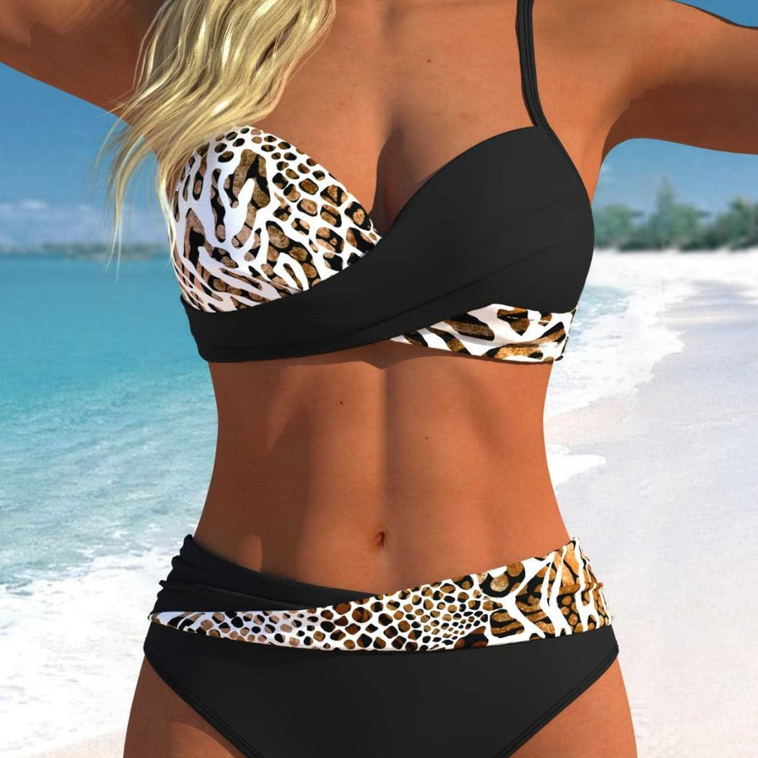 Damen Wickelbikini-Set mit animalischem Muster und hoher Taille EB