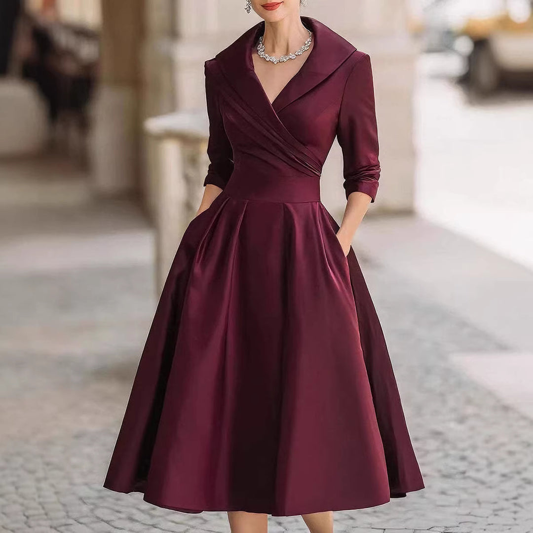 Damen nan elegantes Midikleid mit Wickeloberteil, Dreiviertelärmeln und Eingrifftaschen EB