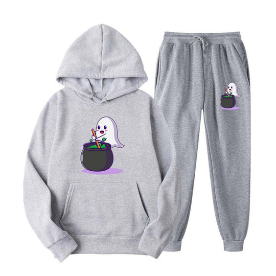 Unisex nan kuscheliger Kapuzenpullover und Jogginghose Set mit Halloween-Geistprint EB