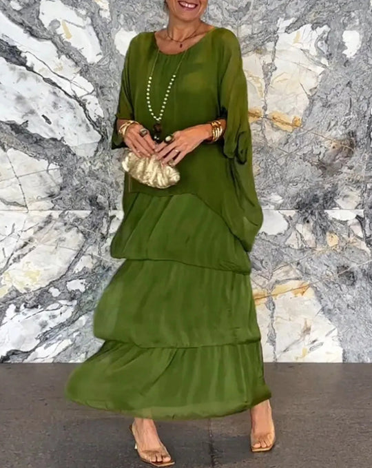 Damen Maxikleid mit fließendem Rock und eleganten Rüschendetails Heidi-Mode