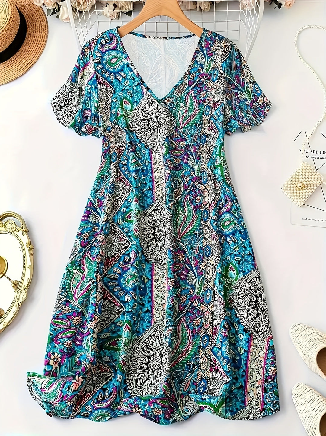 Damen Maxikleid mit V-Ausschnitt und buntem Paisleymuster EB