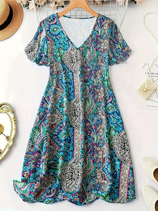 Damen Maxikleid mit V-Ausschnitt und buntem Paisleymuster EB