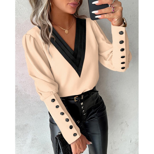 Damen Bluse mit V-Ausschnitt und eleganten Puffärmeln EB