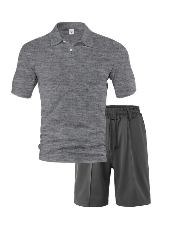 Herren nan zweiteiliges Sommer-Reise-Set mit texturiertem Kurzarm-Poloshirt und funktionalen Mesh-Shorts EB