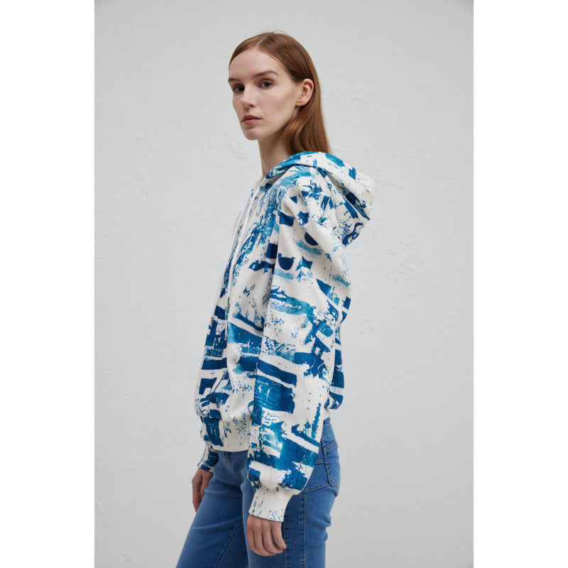 Damen Kapuzenpullover mit modischem Rüschendesign und kreativem Druck EB